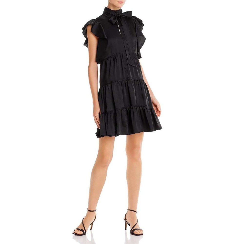 Cinq a Sept Rebecca Black Ruffle Tiered Mini Dress High Neck Bow Sleeveless 10